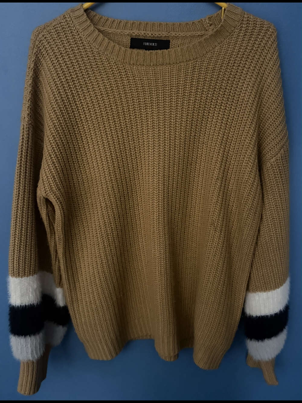 Forever 21 Camel Crewneck Sweater with Black and White Fuzzy Sleeve Stripes